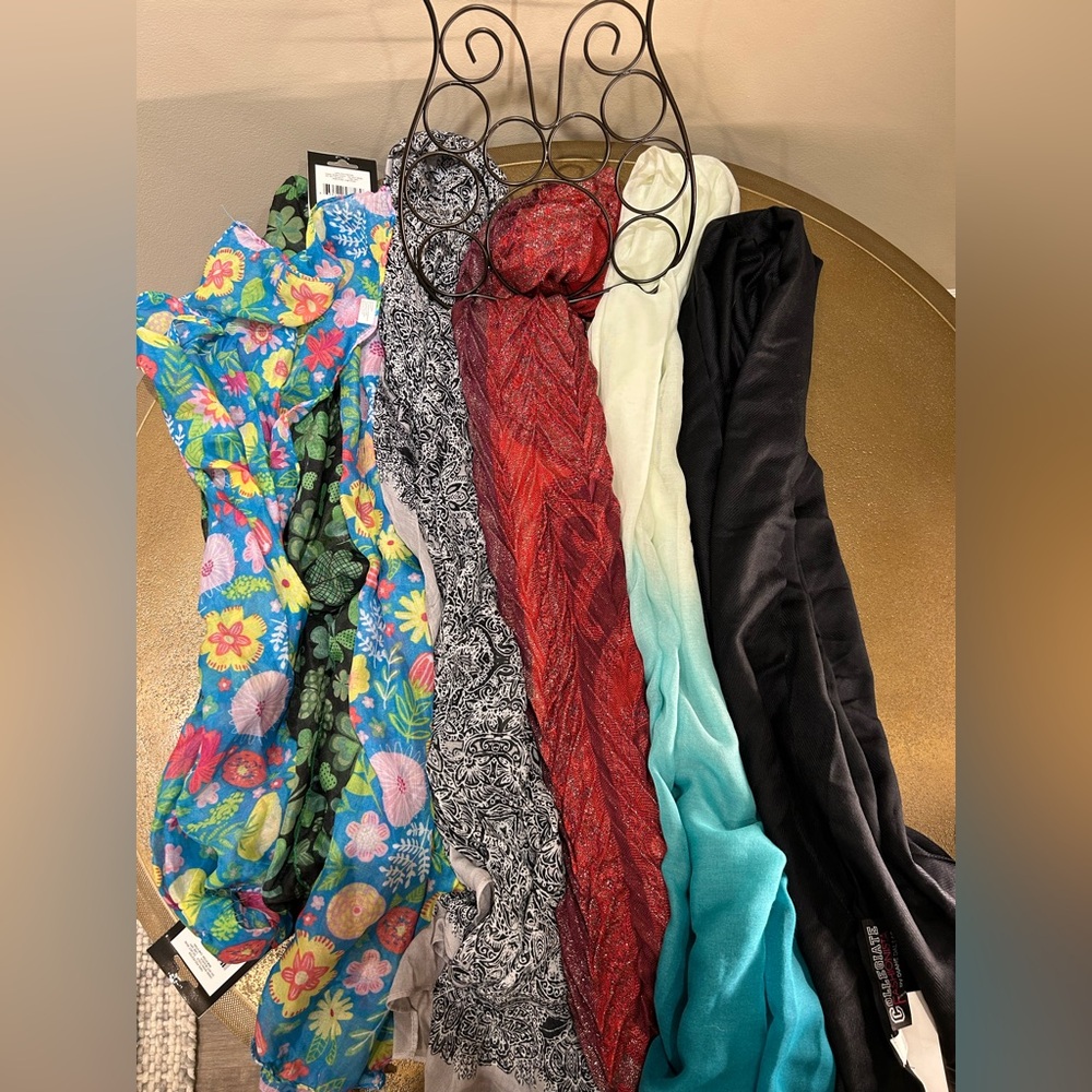 Lot Of 7 NWT Scarfs, With Hanger, Different Colors and Material — See Pictures